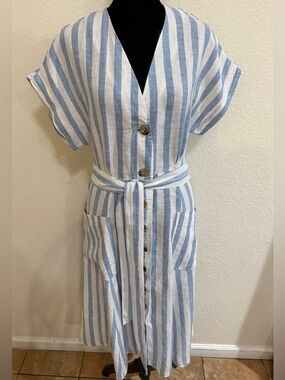 Mango Blue and White Stripped Linen Button-Front Belted Dress